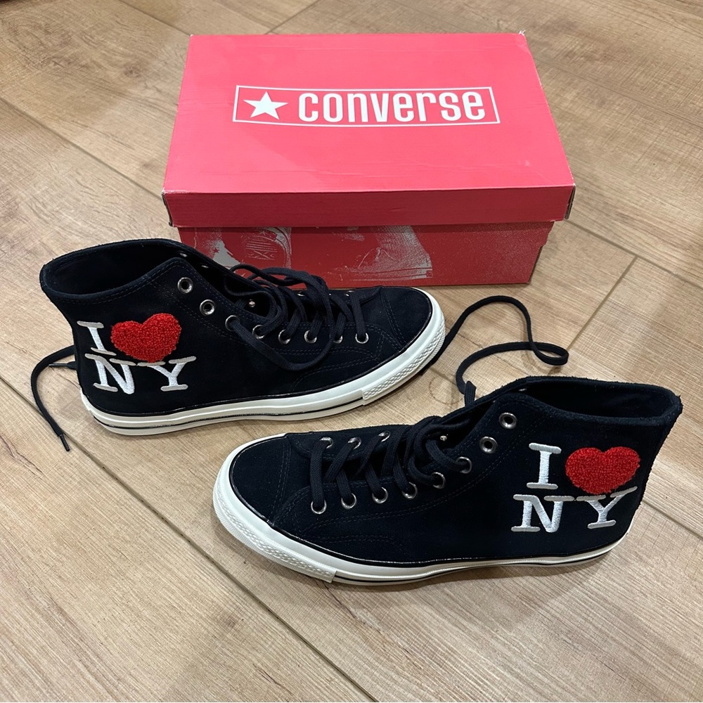 Converse Black High Top Sneakers with Red Heart I ❤ NY Patch